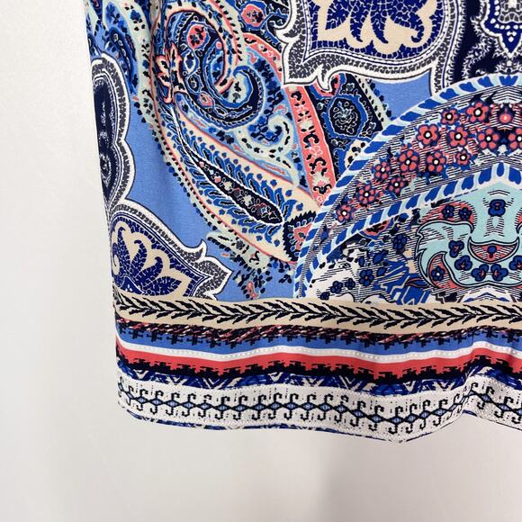 Roz & Ali Womens Medium M Blue White Paisley Printed Scoop Neck Tie Waist Blouse - Picture 5 of 9